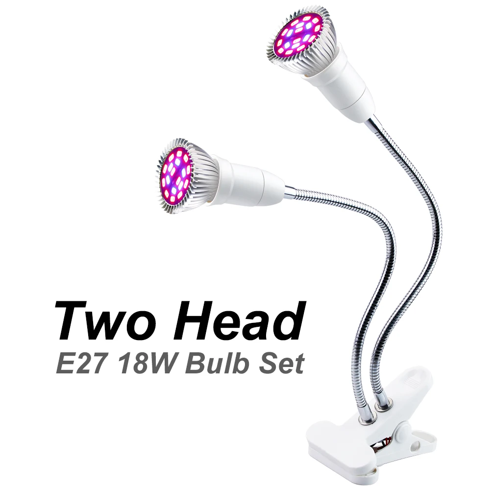 2 heads bulb 18leds Светодиодный светильник для выращивания E27, фитолампия, полный спектр, фито-лампа с зажимом для растений, саженцев, цветов, фитолампа, для культуры, для помещений - Испускаемый цвет: 2 heads bulb 18leds