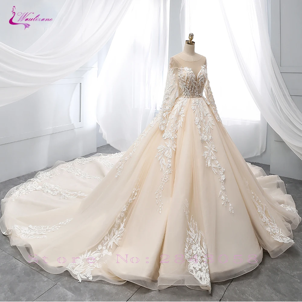 Beste Waulizane Gorgeous Champagne Baljurk Trouwjurk Met Scoop Hals Van Lange Mouw Luxe Bridal Dress