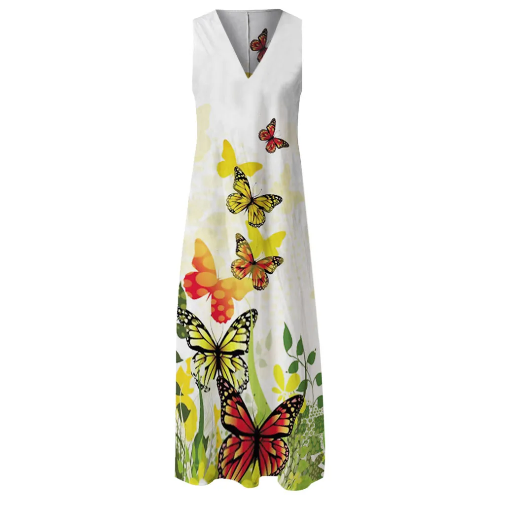 

40# Boho Floral Printing Long Dress V-neck Sleeveless Pockets Tank Dress Big Swing Robe Femme Plus Size Loose Summer Dress 2021