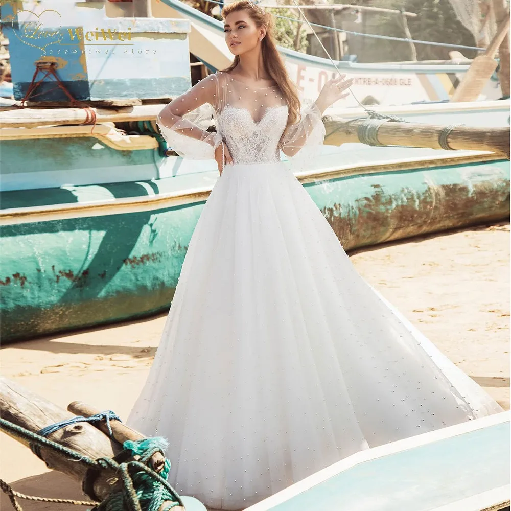 

Wedding Dress Boho A-Line Sheer V-Neck Long Lantern Sleeve Floor Length Backless Beading Sash Lace Applique Vestidos De Novia