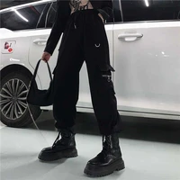 qweek gothic techwear black cargo pants women goth streetwear punk oversized wide leg trousers for female joggers sweatpants