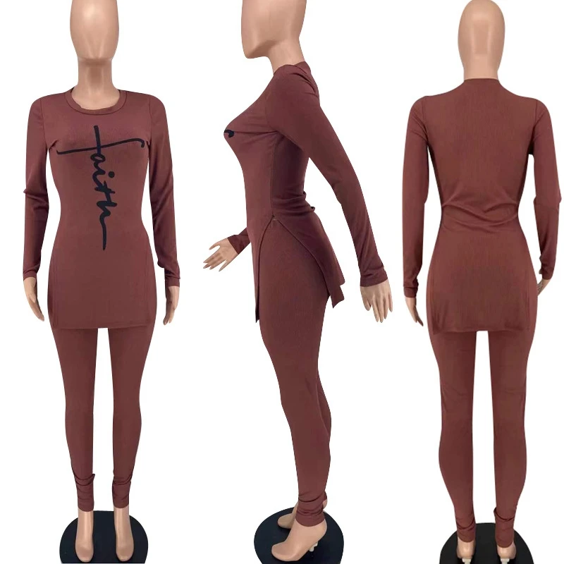 

TNNAOFF Rib Letter Two Pieces Tracksuits Women Set Long Sleeve O-neck Crop Top Fall Sexy Sweatpans Lounge Wear Matching Sets