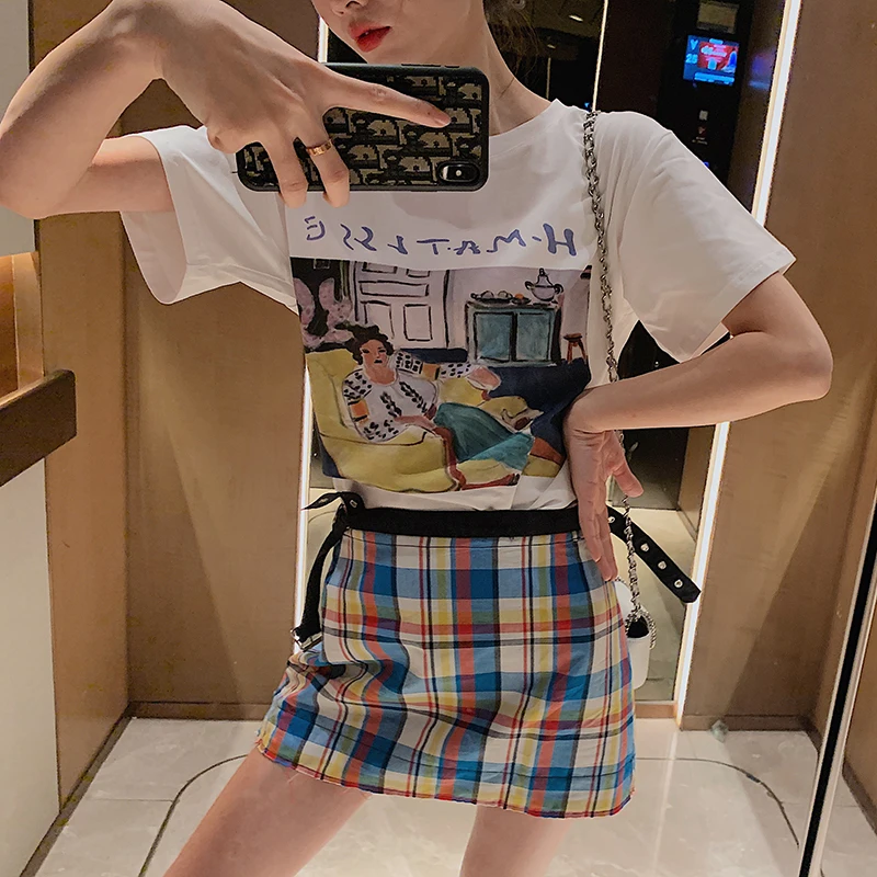 

New style early spring oil painting beautiful letter cartoon short sleeve loose T shirt net red T shirt women s fashion ins