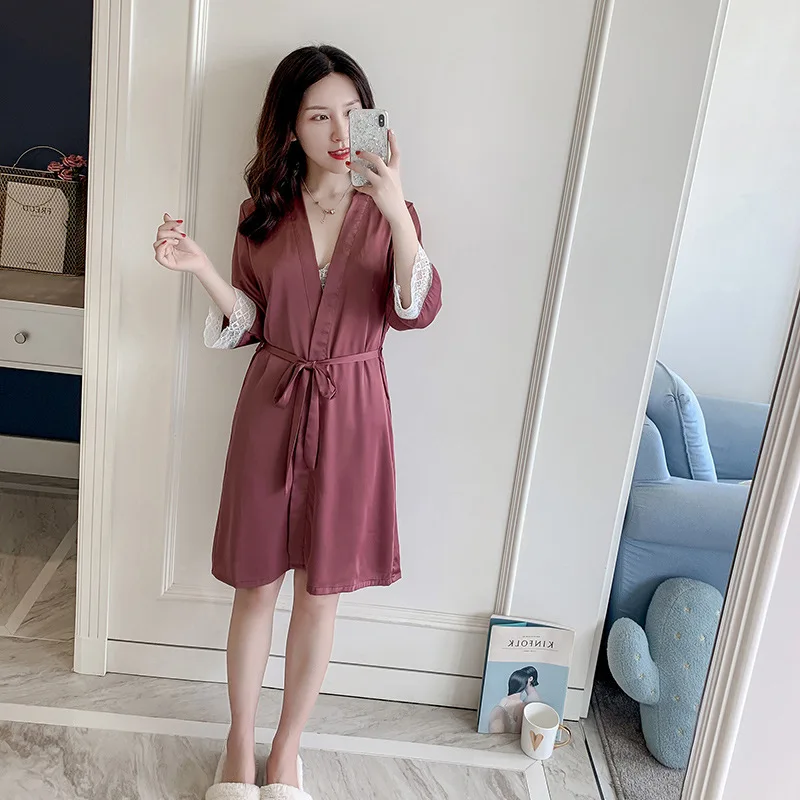 Sexy Nightdress Women Summer Silk Cardigan Robe Fresh Lovely Spring Autumn Home Bathrobe Thin Size Female Nightgown Sleepwear