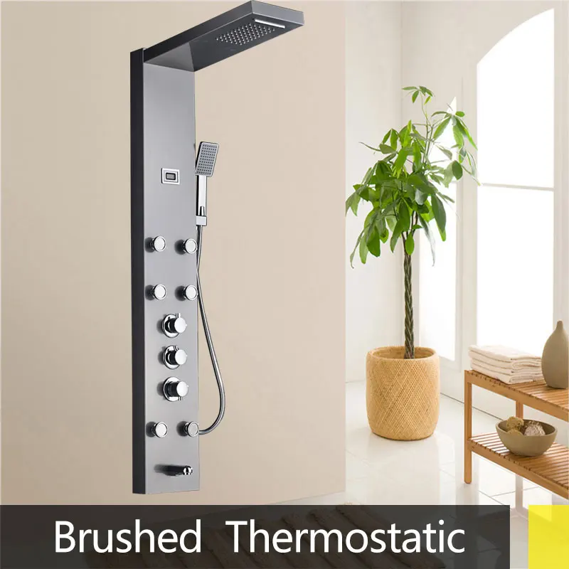Thermostatic Shower Column FaucetLuxury Bathroom Bath Shower System SPA Massage Sprayer Temperature Screen Show - Цвет: brushed
