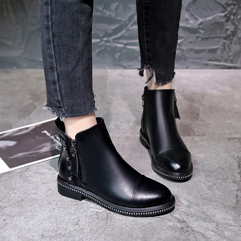 Женские ботильоны без шнуровки черные теплые меховые ботинки с высоким берцем