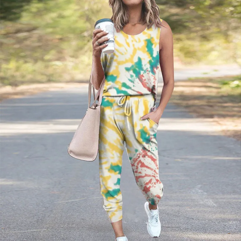 

2021 Spring Summer Women's Loose Tie Dye Printed Sleeveless Casual Sets Round Neck Pullover Tshirts+Trousers Two Piece Set Women