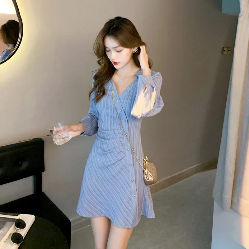 

Женское платье-рубашка в полоску, платье во французском стиле с длинным рукавом, платикодон грандифлориум, осень 2021