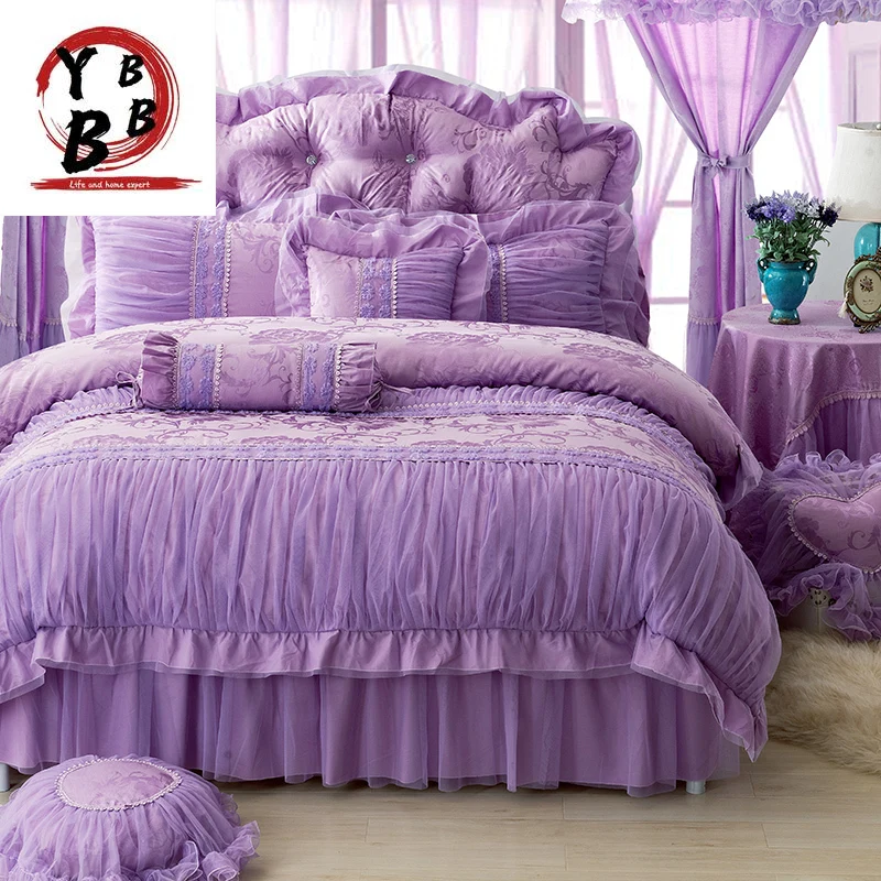 

New Korean Purple Lace bedding set bedspread 4Pcs romantic princess bedclothes bed set duvet covers bed skirt queen king