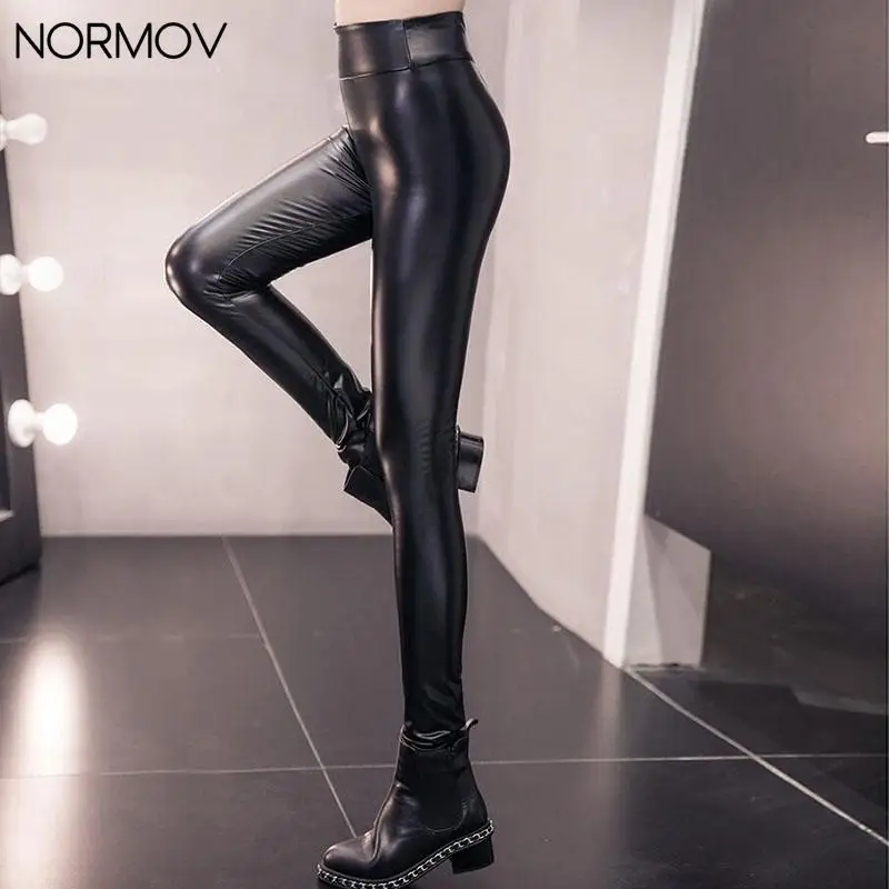 

NORMOV Faux Leather Leggings Women High Waist Elastic Skinny Push Up Leggings Gothic Slim Sexy Long Pants Black Leather Female