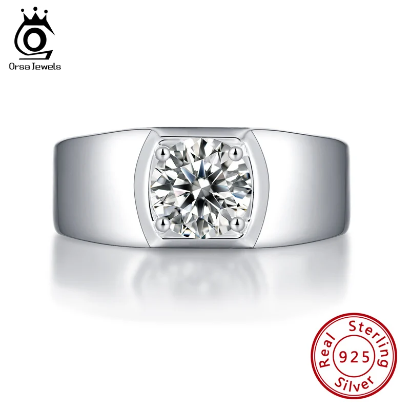

ORSA JEWELS Luxury 925 Silver 1 CT Round Moissanite Rings for Men Classic Wedding Ceremony Ring Dazzling Male Accessories SMR12
