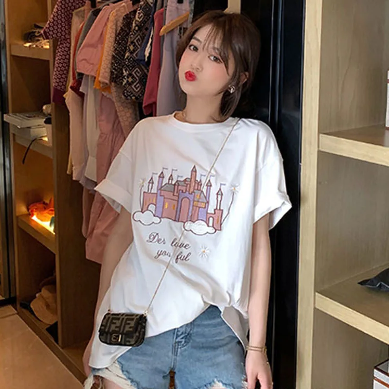 

New in the summer of 2021 the European fashion high quality loose printed cotton short sleeve T-shirt embroidery
