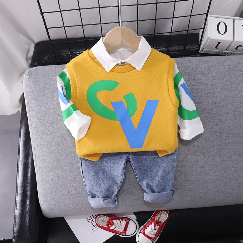 

Комплект одежды для маленьких мальчиков, трикотажная футболка, штаны и жилет, модный осенний комплект из 3 предметов