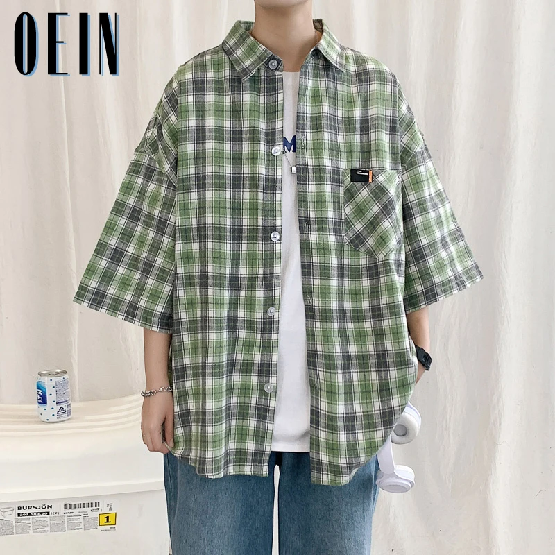

OEIN Plaid Shirts For Men Oversized Clothing 2021 Fashion Short Sleeve Plaid Shirt Men Harajuku Mens Shirts Casual Slim Fit Tops
