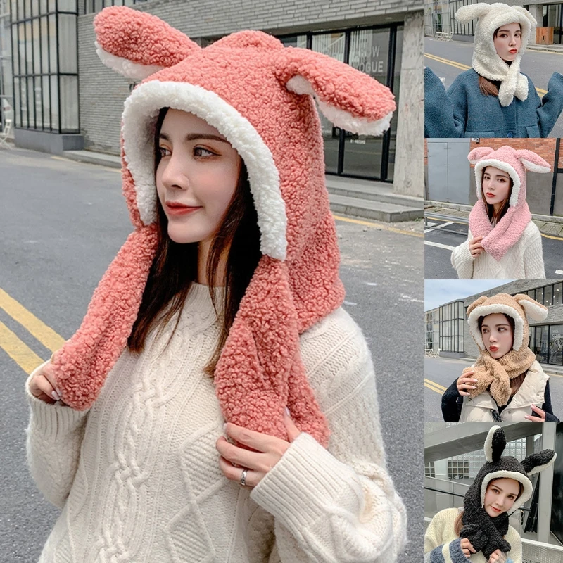 

Kawaii Cartoon Movable Rabbit Ears Hat Women Cute Warm Thick Warm Hoodies Neck Scarf with Windproof Winter Autumn