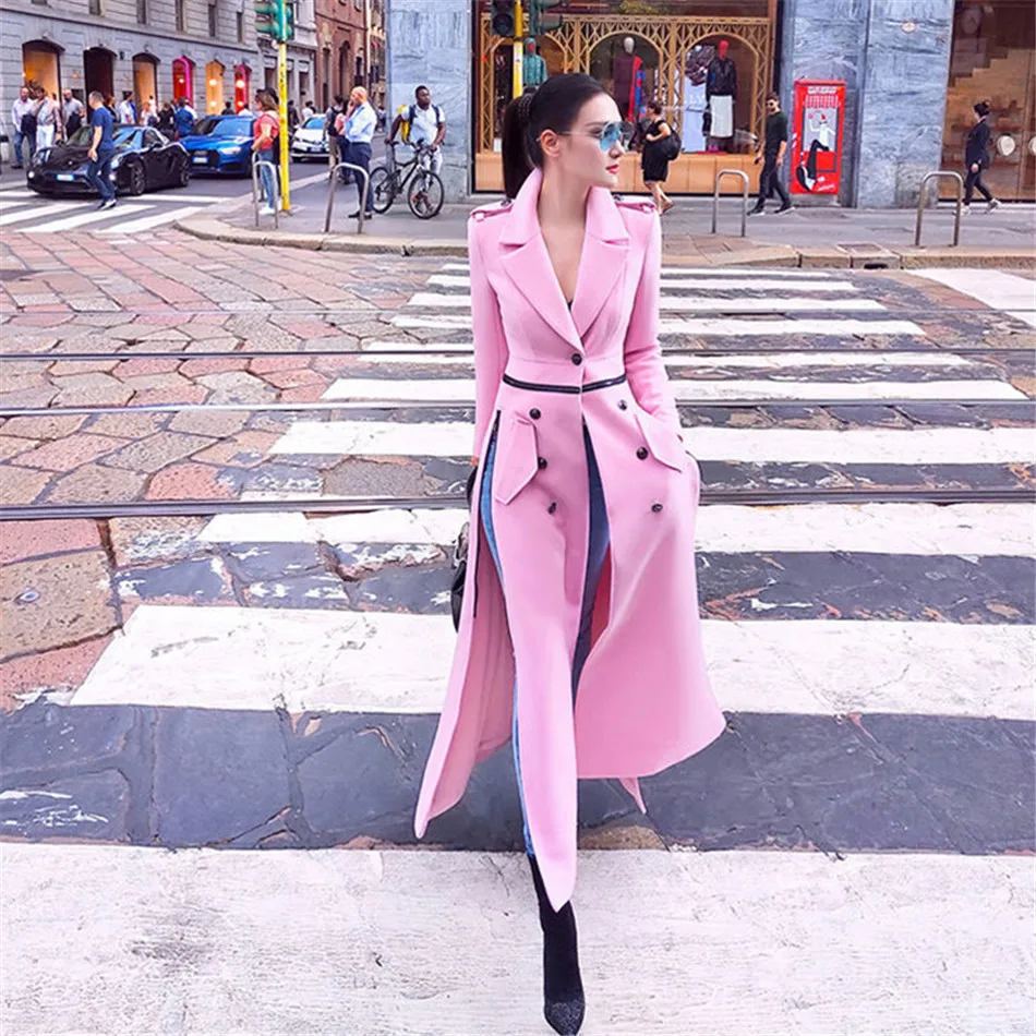 

2021 Autumn Winter Long Overcoat Women Slim Fashion Temperament Street Style Woolen Coat Pink Coat TT0779
