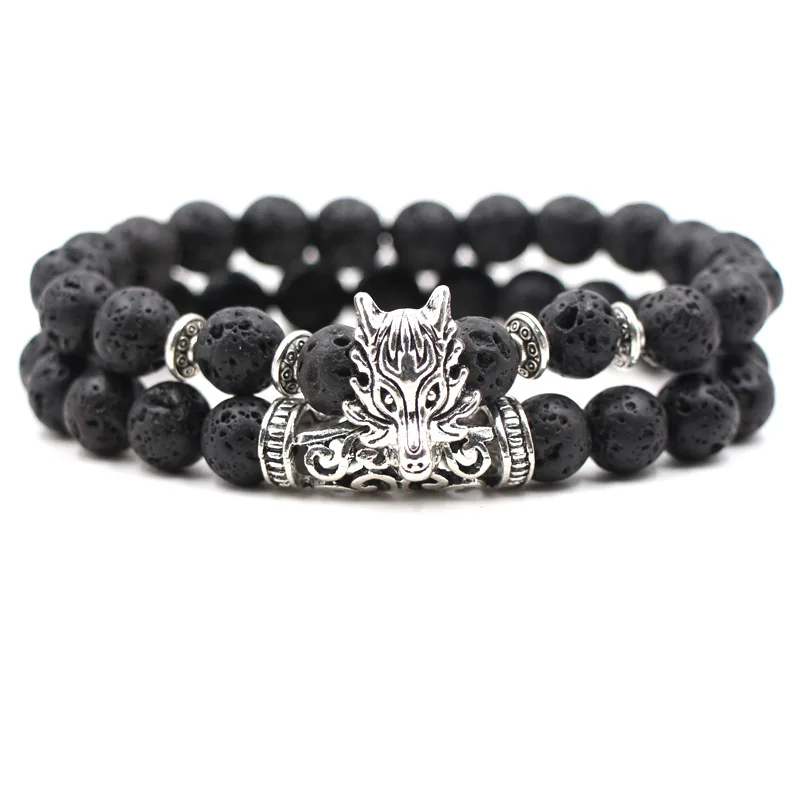 Женский браслет с бусинами из натурального камня черный вулканического головой