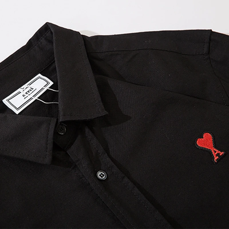 

Korean Fashion Men's Shirt Mid-Length Black And White Chest Before Love Embroidery Harajuku Street Clothing High-Quality Shirt