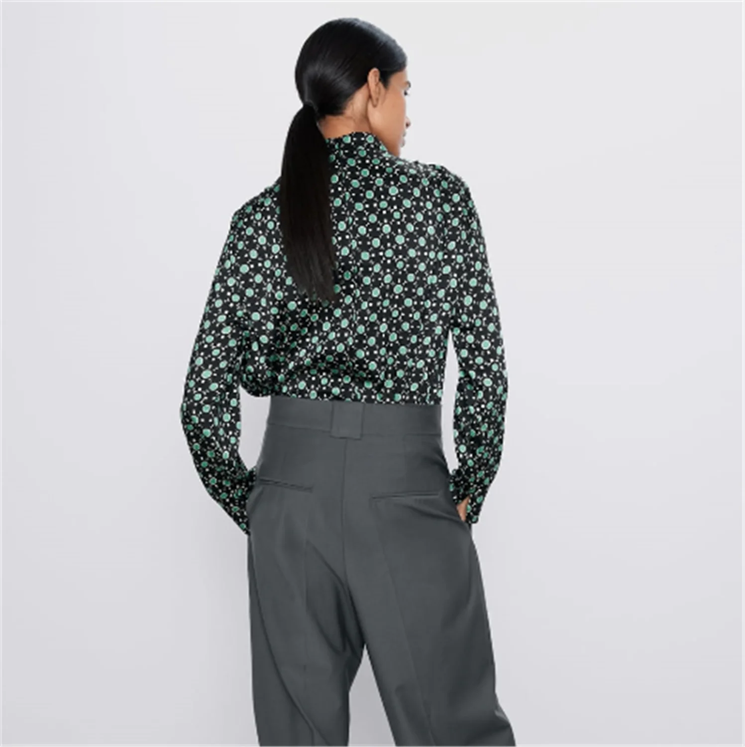 2020 ZA новая весенняя женская рубашка с принтом модная зеленая шифоновая Boho со