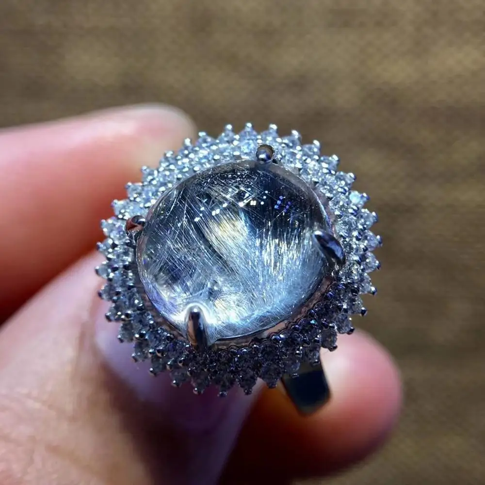 Регулируемое кольцо из натурального брукита рутилированного кварца с