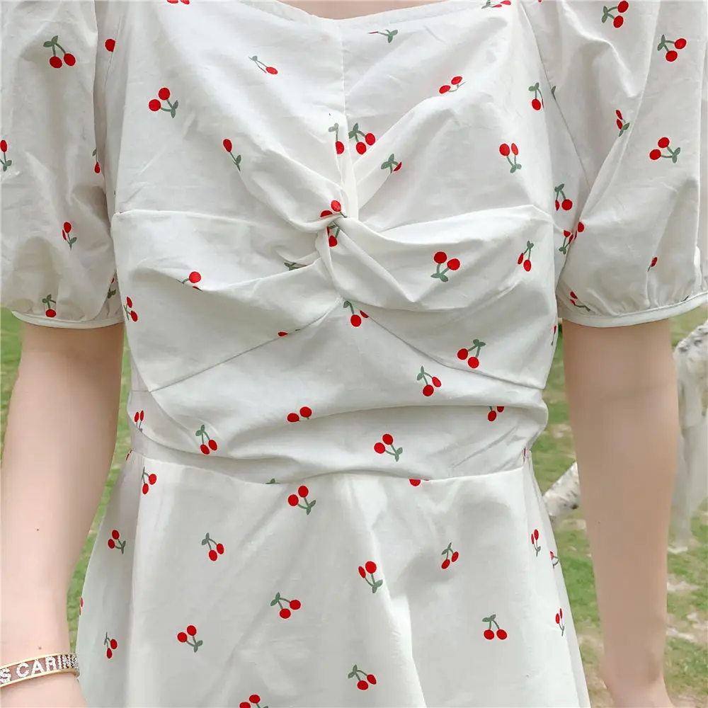 

Women Dresses Summer 2020 White Cherry Printed Puff Sleeve Fang Ling Dress Summer Sweet Short Dress Vestidos