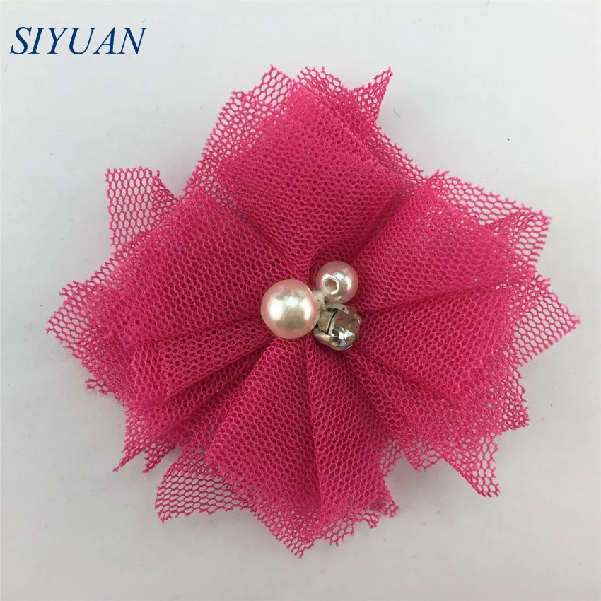 11-hot rose 10 шт./лот, 5 см, сетка, тюль, Fbric, цветок, стразы, для детей, жемчуг, бисер, шикарная повязка с цветами, сделай сам, аксессуары для волос F27 - Цвет: 11-hot rose