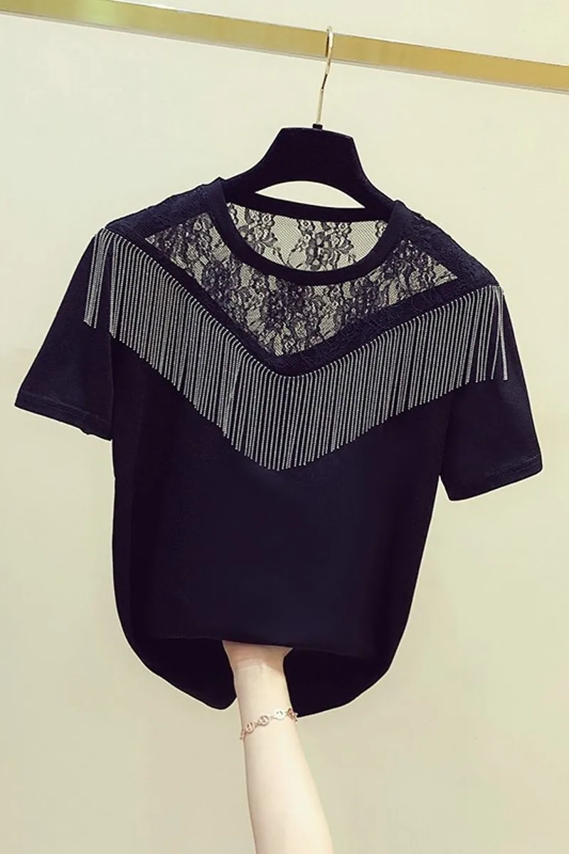 

2021 Summer New Tshirt Women T Shirt Tassel Chain Stitching Lace Crocheted Top Women's Casual Short-Sleeved T-shirts Student Tee