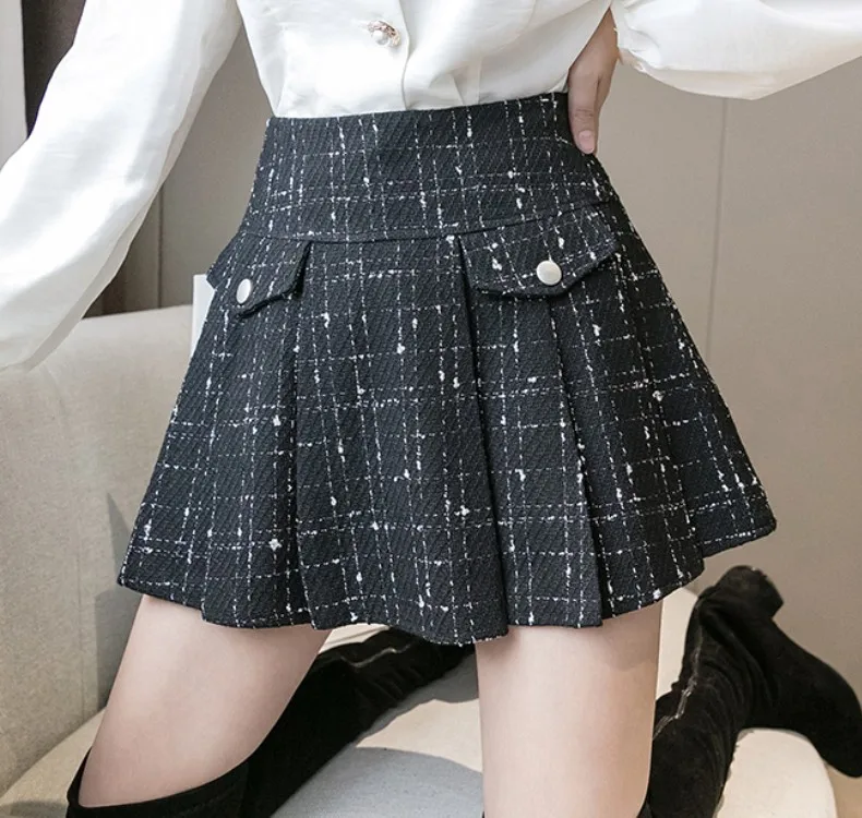 

New Fashion High Waist Black Plaid Women's Pleated Skirts korean Autumn Winter Tweed Vintage Mini Skirts Mujer Faldas