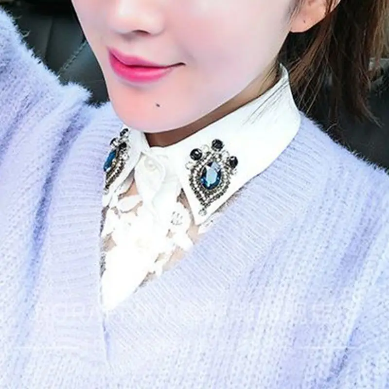 

Women Faux Crystal Lapel Detachable Half-Shirt Imitation Pearls Lace Fake Collar