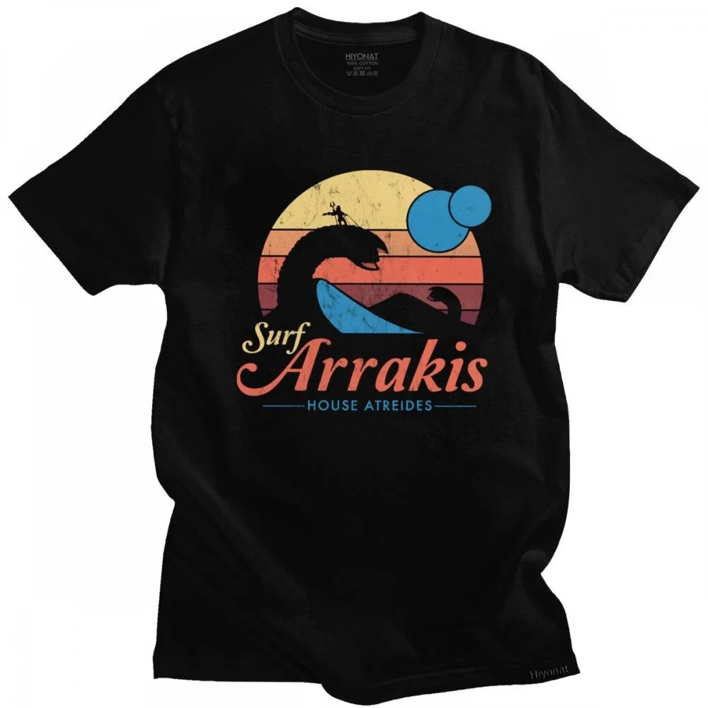 

Visit Arrakis T Shirt Men Cotton Distressed Surf Dune Sci Fi T-shirt Sleeve Vintage Distressed Surf House Atreides Tee Tops Gift