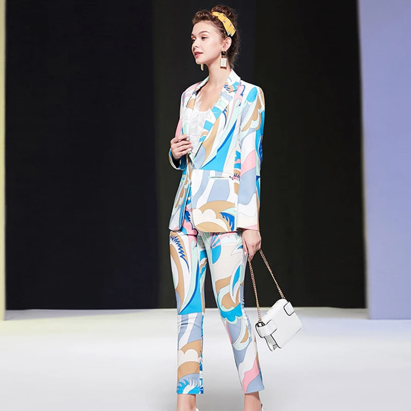 2021 Spring Elegant Office Lady Pants 2 Piece Set Women Runway Fashion Geometric Print Blazer and Trousers Suit Party Twinset