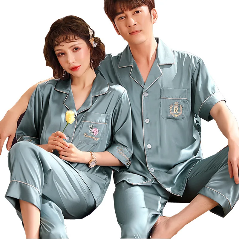 

Lovers Sleep Set Pajamas Suit Female 2PCS Shirt&Pants Nightwear Sleepwear Casual Satin Kimono Gown Spring Rayon Home Clothing