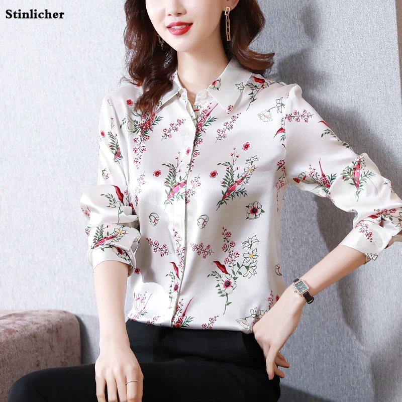

Белая Цветочная атласная шелковая рубашка, женские блузки, элегантные деловые офисные дамские рубашки с длинным рукавом для работы, Женски...