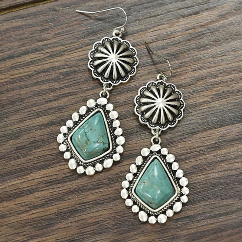 

Turquoises Earrings Vintage Bohemia Natural Stone Dangle Earrings EthnicTribal Blossom Flower Hook Earring Jewelry Drop Shipping