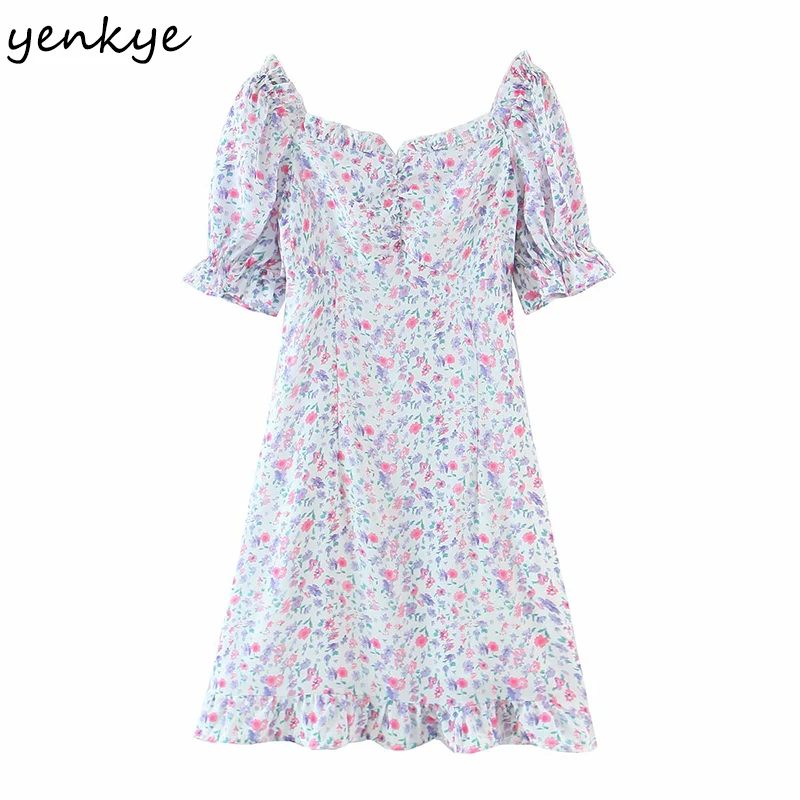 

Женское шифоновое мини-платье-трапеция YENKYE, летнее праздничное платье с цветочным принтом, с V-образным вырезом и коротким рукавом, 2021