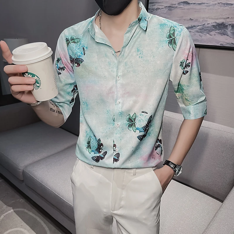 

Butterfly Print Shirt Men 2021 Summer Half Sleeve Slim Casual Shirt Streetwear Nightclub Party Nale ClothingCamisas Para Hombre