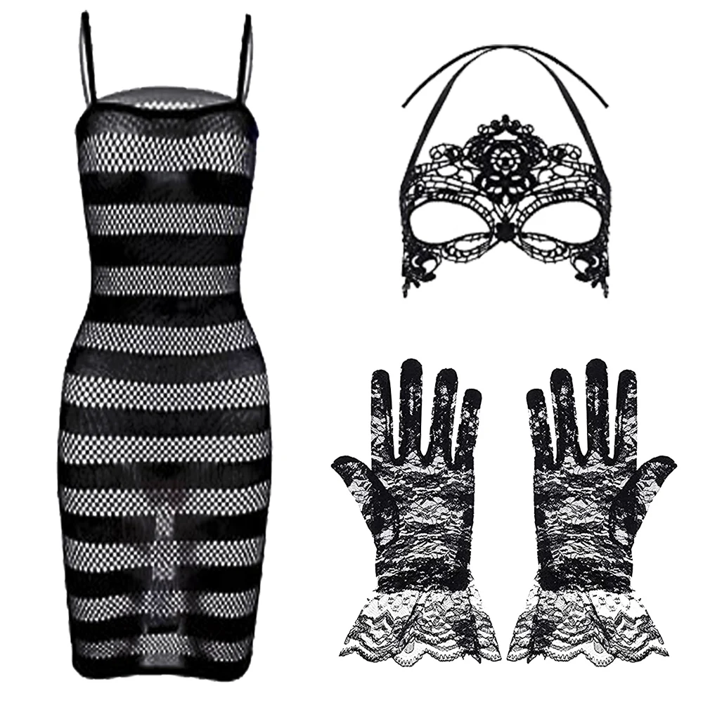 

3 IN 1 Set Exotic Dress +Mesh Jacquard Gloves+Lace Mask Ball Masquerade Women Underwear Fishnet Bodystockings Teddies Mujer