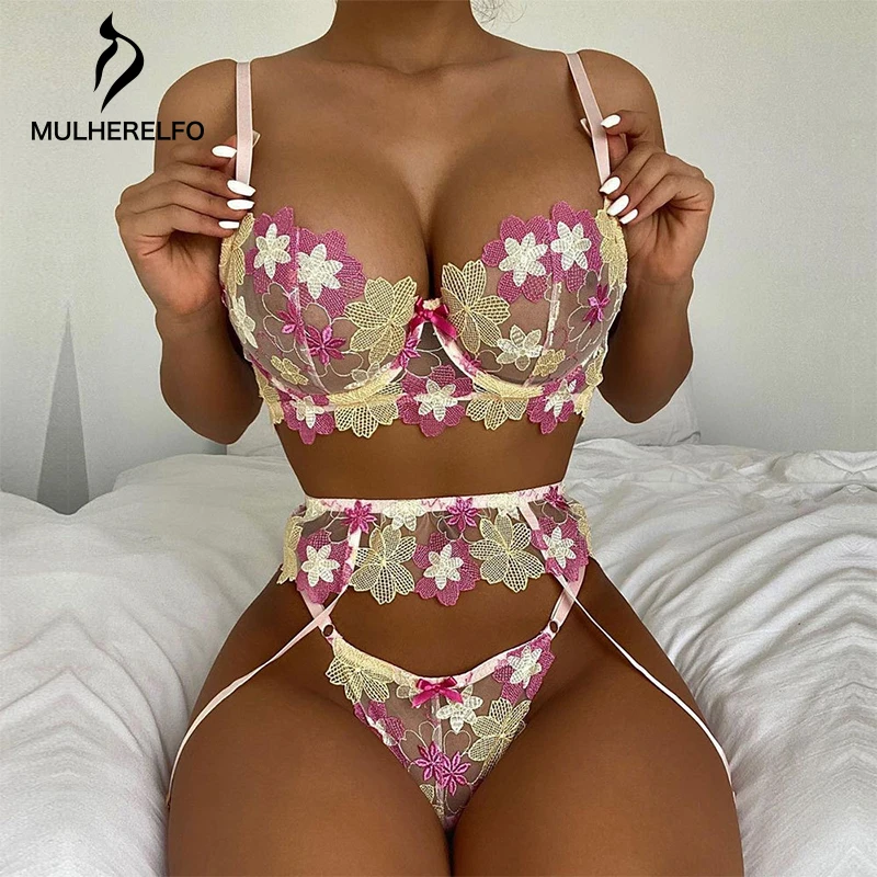 

Flower Embroidery Patchwork Lingerie Set Women Underwear Sexy Lace Bralette Female Push Up Underwire Bra Brief Garter 3Pcs Set