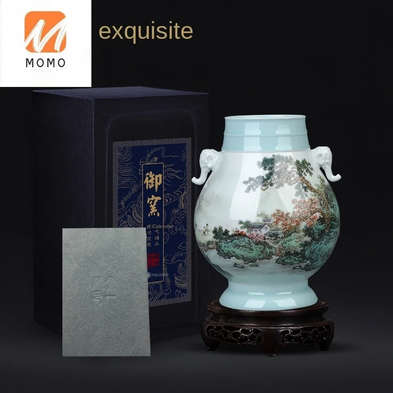 

Ceramic and Celadon Master Hand Painted Pastel Landscape Vase Chinese Living Room Entrance Curio Shelf Decoration Decoration