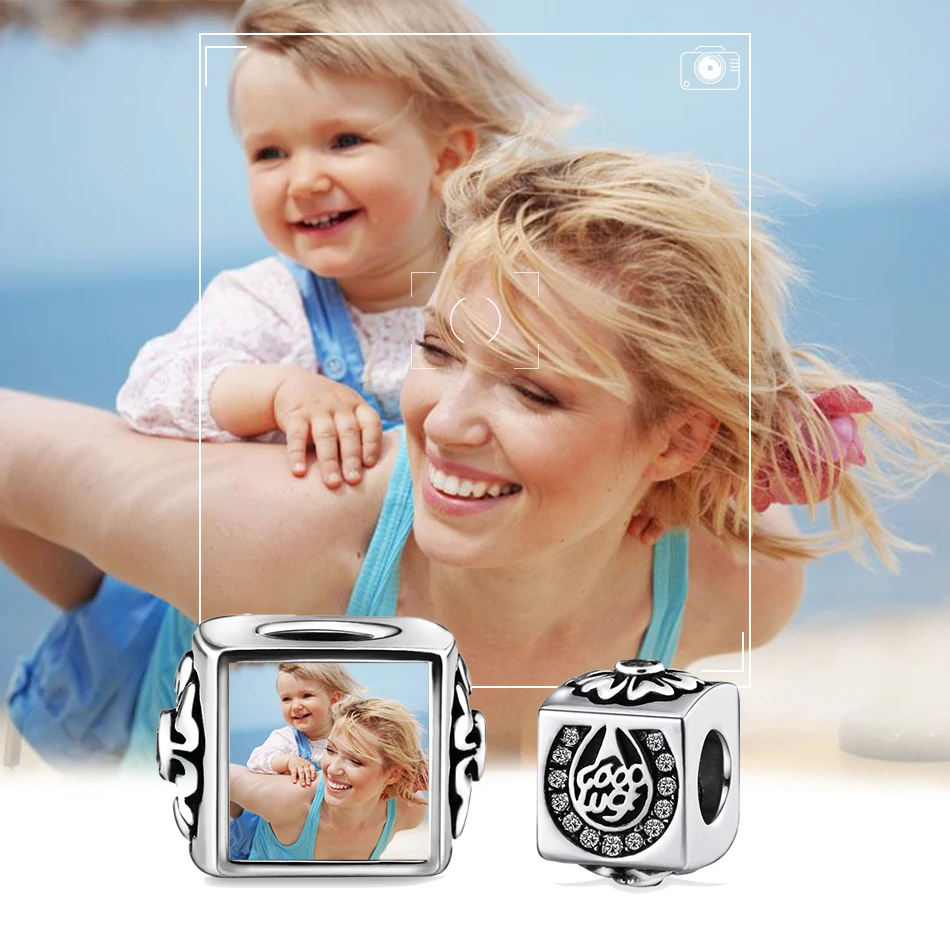 Подходит к оригинальному браслету Pandora, 925 пробы, серебро, на заказ, фото, квадратные шармы, бусины с кристаллами CZ, сделай сам, изготовление ювелирных изделий