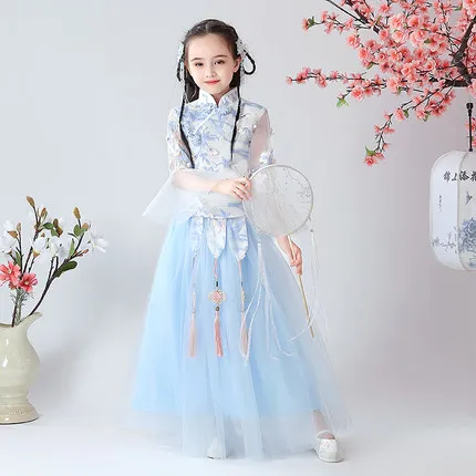 Kid's Antique Chinese Dresses Blue Embroidery Design Chinese Traditional Style Hanfu Costume Tang Dynasty Children Clothing ZL06