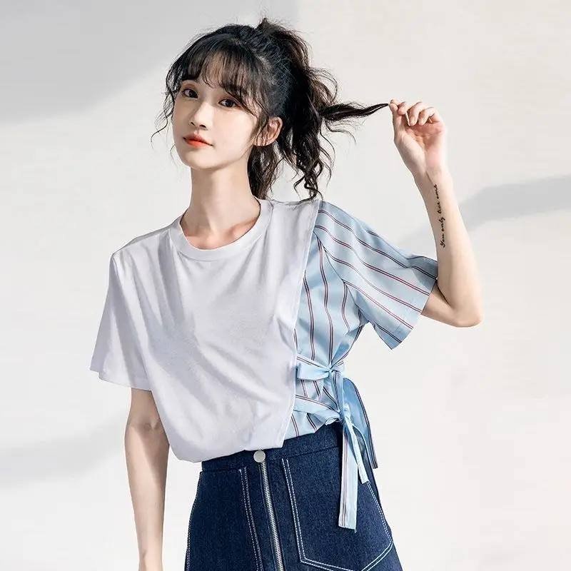 

Design sense blouse women 2021 new stitching fake two-piece clothes student Korean loose striped short-sleeved t-shirt summer