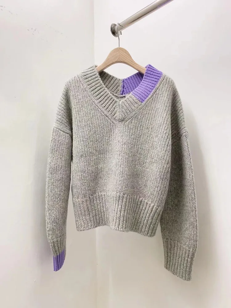 

2021 Women Sweater Autumn and Winter New Color Matching V-neck Loose Wool Pullover Sweater Women