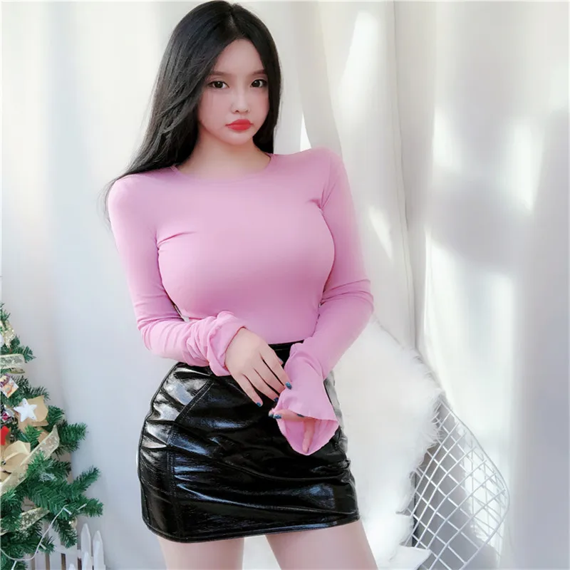 

New Spring Lady Black Solid red turtleneck sexy Slim Fit Tee Women Highstreet Casual Long Sleeve Tshirt Tops female girl t shirt