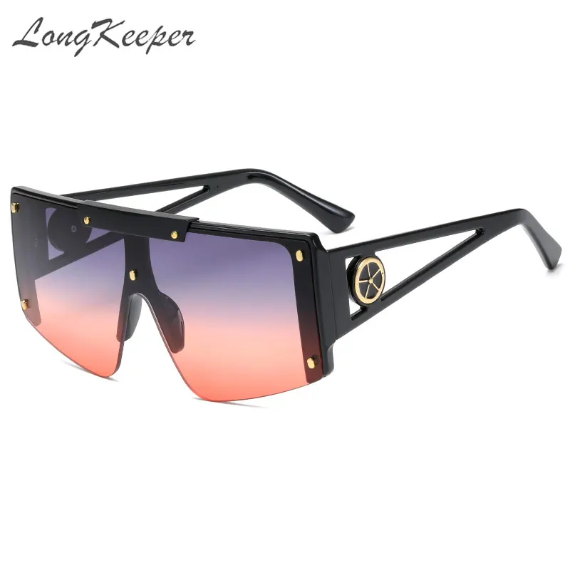 

LongKeeper Square Oversized Sunglasses Women Punk Flat Top Sun Glasses Men Vintage Semi-rimless One Piece Driving Goggle Oculos