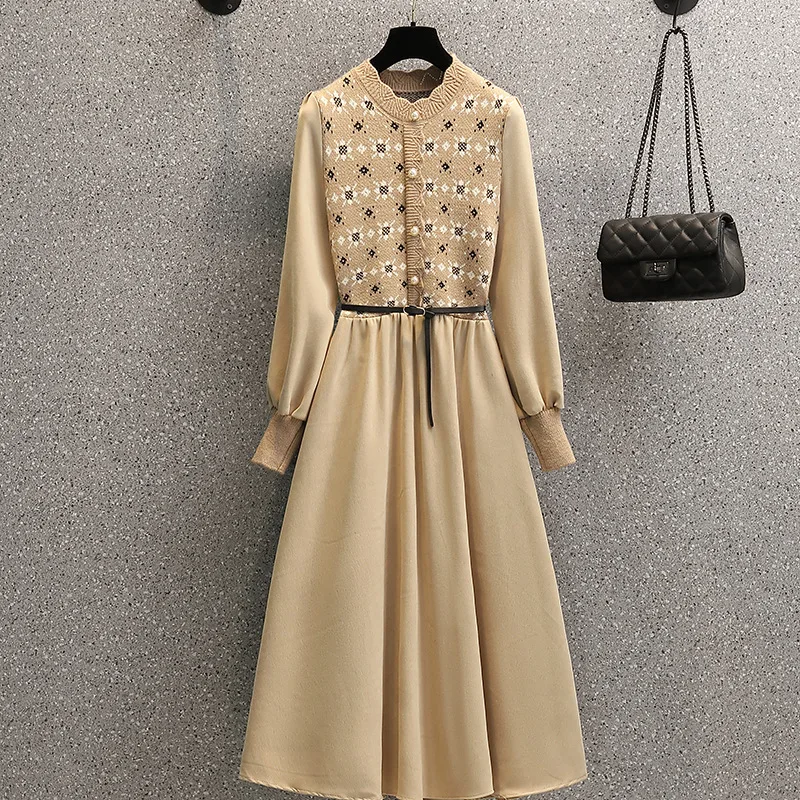 

2022 осень и зима новый стиль трикотажное платье с круглым вырезом и длинными рукавами женское темпераментное Платье с принтом в западном сти...