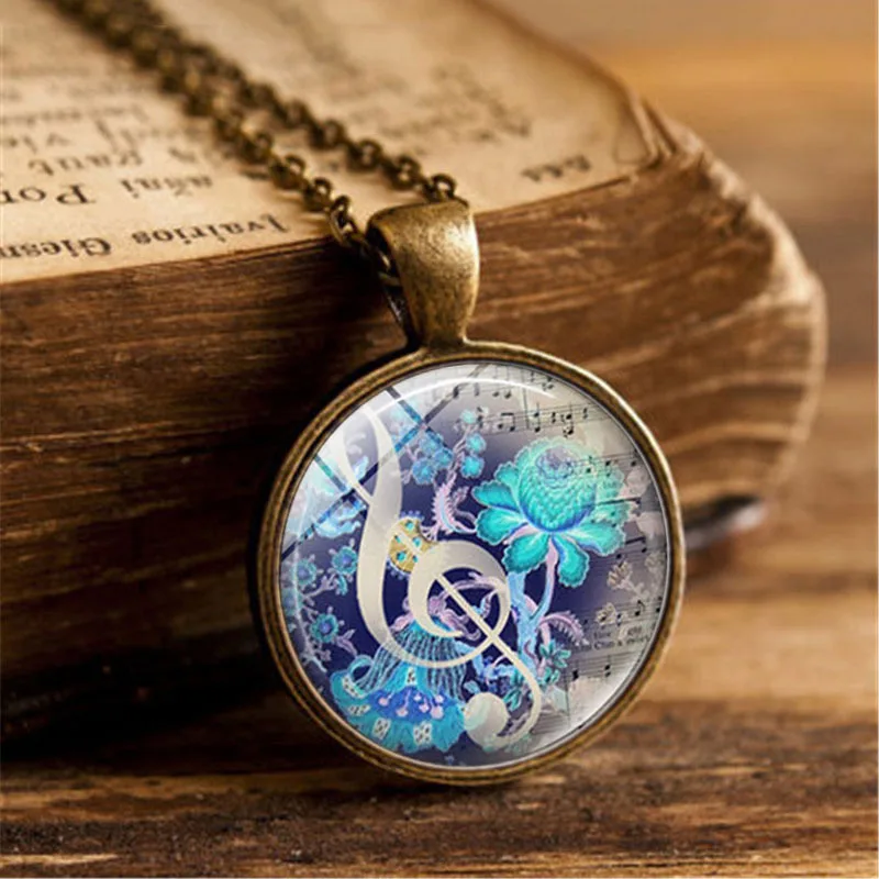 

High Quality Two-color Round Glass Pendant Music Symbol Time Gemstone Necklace Foreign Trade Men and Women Jewelry