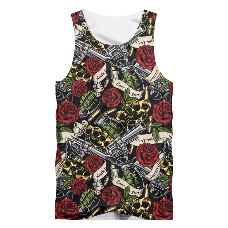 

OGKB 3D Топы на бретельках для мужчин, классный комплект из рубашки без рукавов для девочек 3D пистолет и красная роза Печатный дизайн, летняя мо...