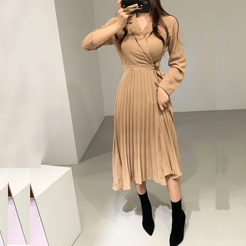 

YAMDI korean office lady pleated dress women casual solid yellow long sleeve notched collar high waist lace up a-line dress 2020