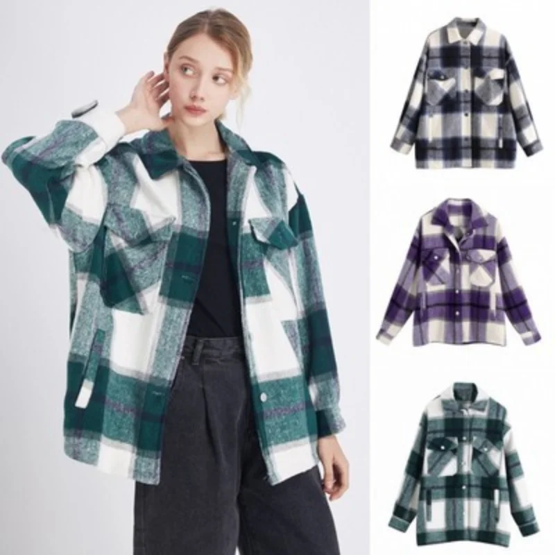

Houndstooth Women's Woolen Plaid Coat Single-breasted Lapel Long-sleeved Loose-fitting Urban Casual Commuter Woolen Coat T62